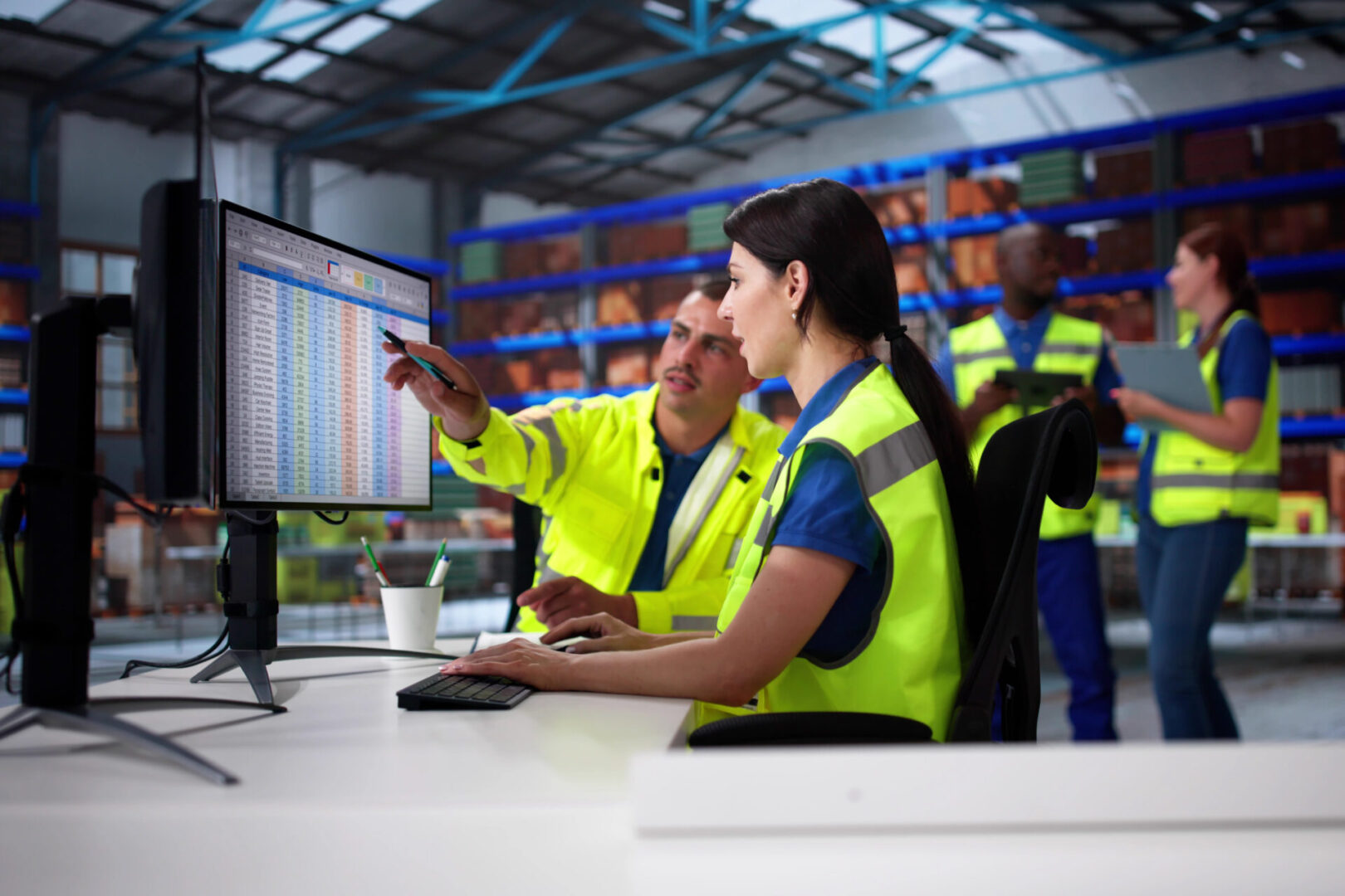 Workers in high-visibility vests analyze healthcare inventory management data on a computer screen in a warehouse, with shelves of boxes in the background.